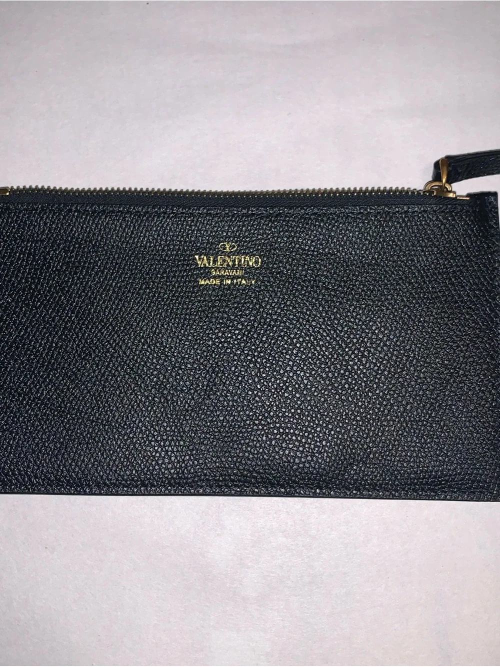 Valentino Black Textured Leather Clutch with Gold V Logo and Zip Pouch